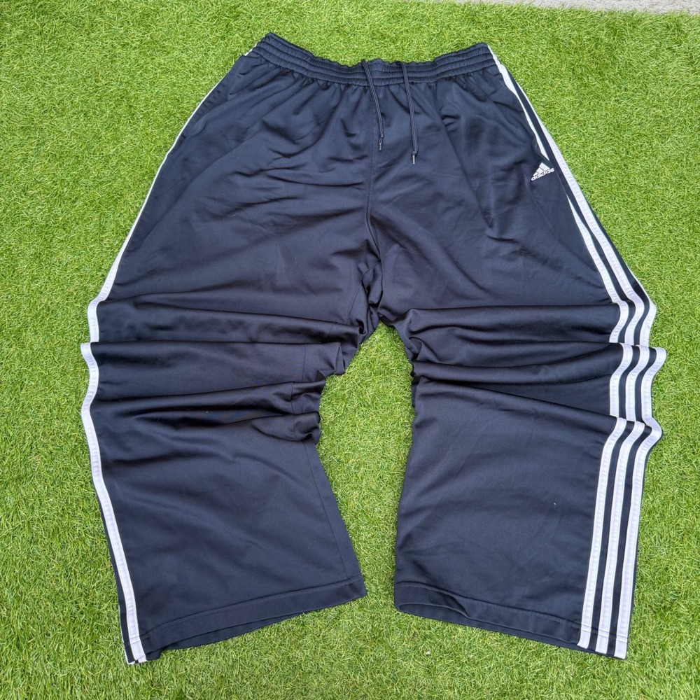 Vtg Adidas Mens XL Track Pants Athletic Warm Up 3 Stripe Black Wide Leg Baggy